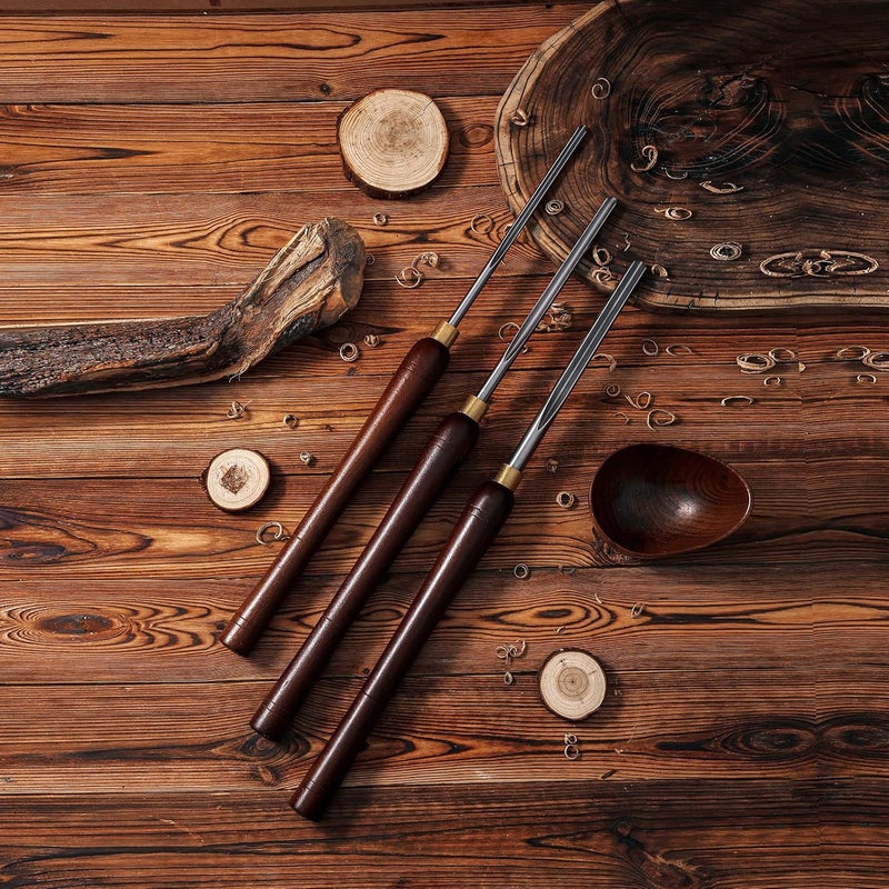 Urbansential Woodturning Bowl Gouge Set, 3 Pieces 22.5” Wood Lathe Bowl Turning Tools, 1/4 Flute, 3/8 Flute, and 1/2 Flute, with High Speed Steel Blades, Beech Handles and Brass Ferrules, in Wooden Storage Case - Image 5